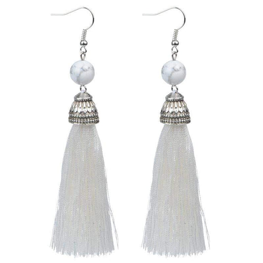 Silk White Tassel & White Turquoise Earrings - G x G Collective